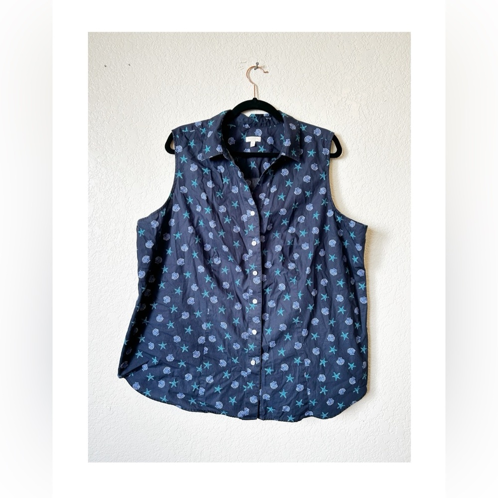Plus Preppy Nautical Sleeveless Button Down Top Seashell Print Talbots 2X